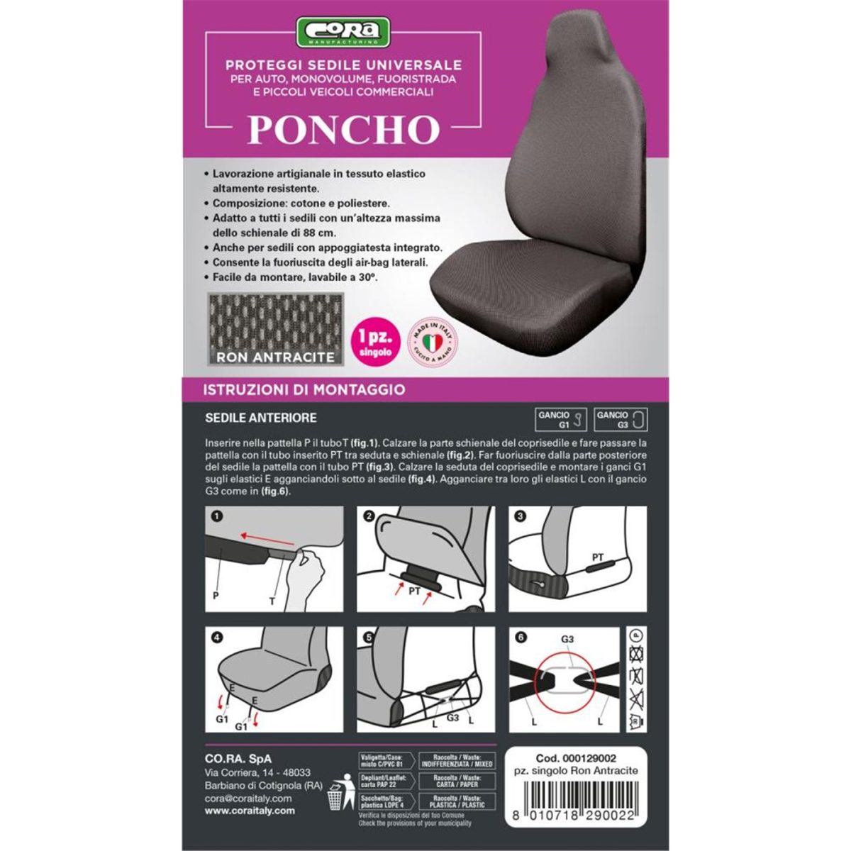 COPRISEDILE ANTERIORE SINGOLO PONCHO TESSUTO ELASTICO MISTO COTONE